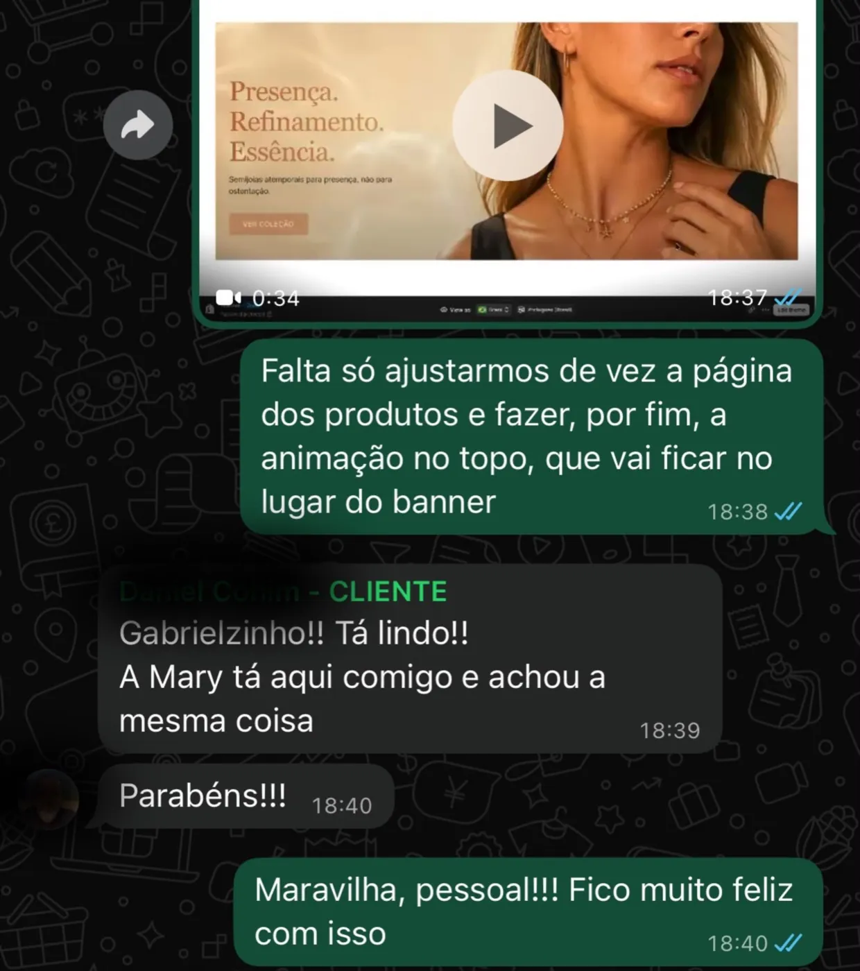 Feedback real de cliente no WhatsApp elogiando o trabalho